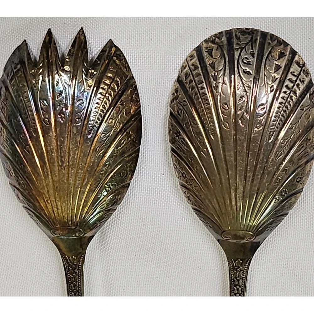 Vtg WA‎ Sheffield England EPNS Shell Salad Servers Spoon Fork Set Silver Plate